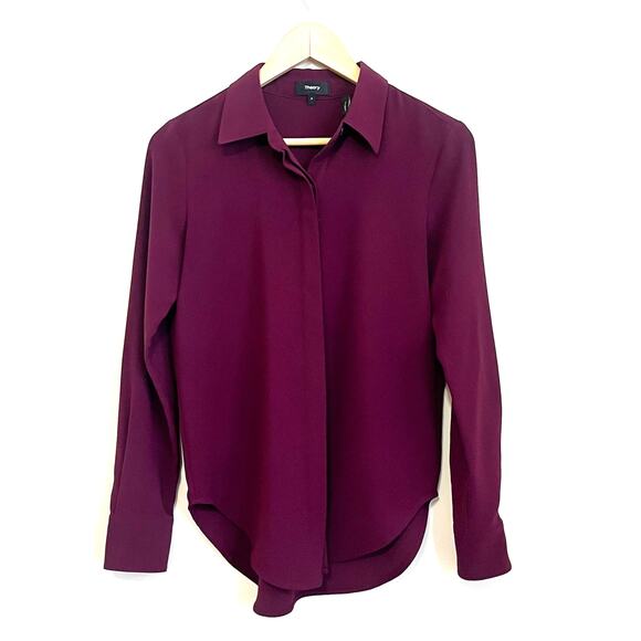 Theory Sunaya Urban Crepe Womens Shirt Size P US 0 Burgundy Chiffon Button Up - Picture 1 of 10